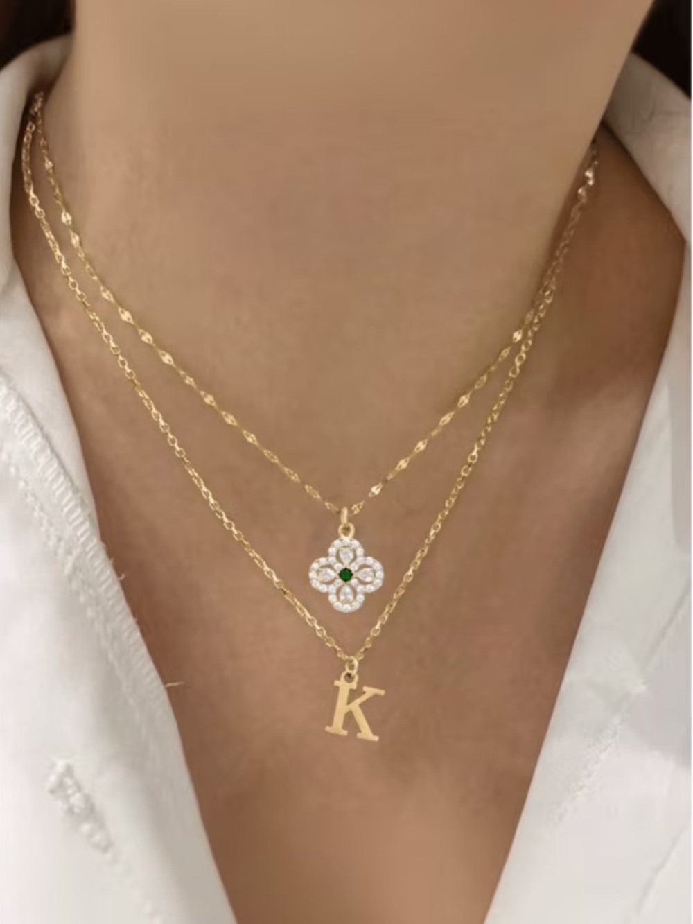 Gold Layered Initial D Necklace with Clover Pendant
